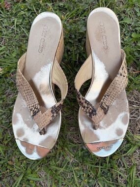 Jimmy Choo Gold Snake-Print Wedge Thong Sandals